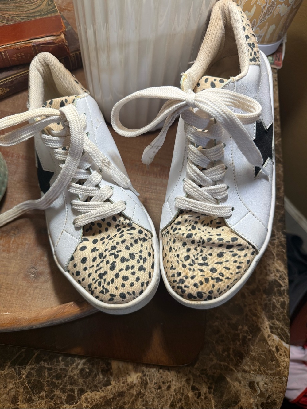 White Leather Women's Sneakers with Leopard Toe and Black Star